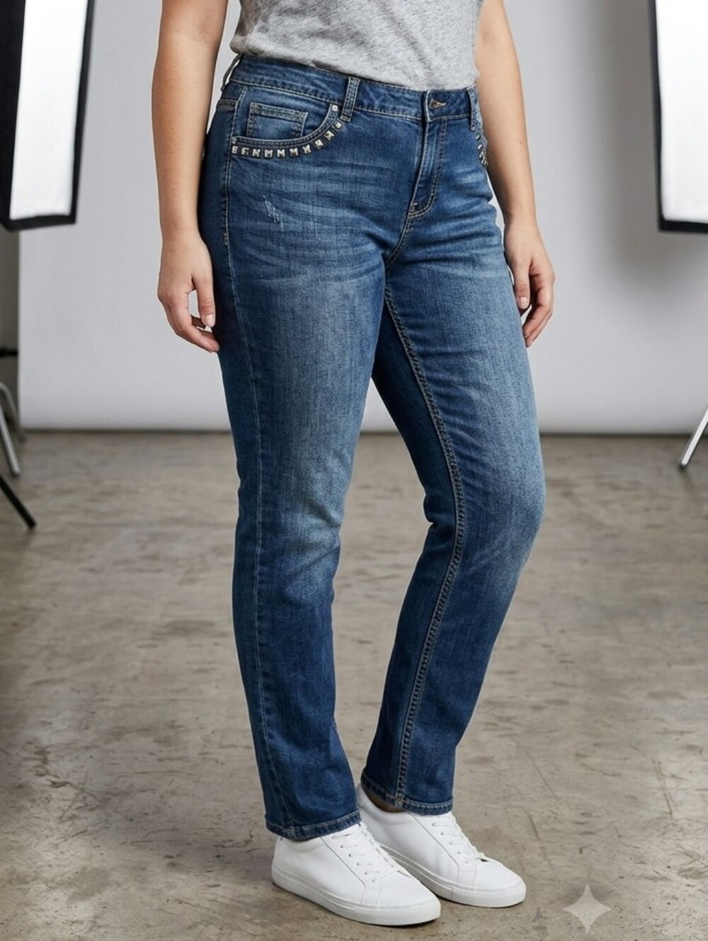 Dark Blue Women's Skinny Jeans with Studded Pocket Detail